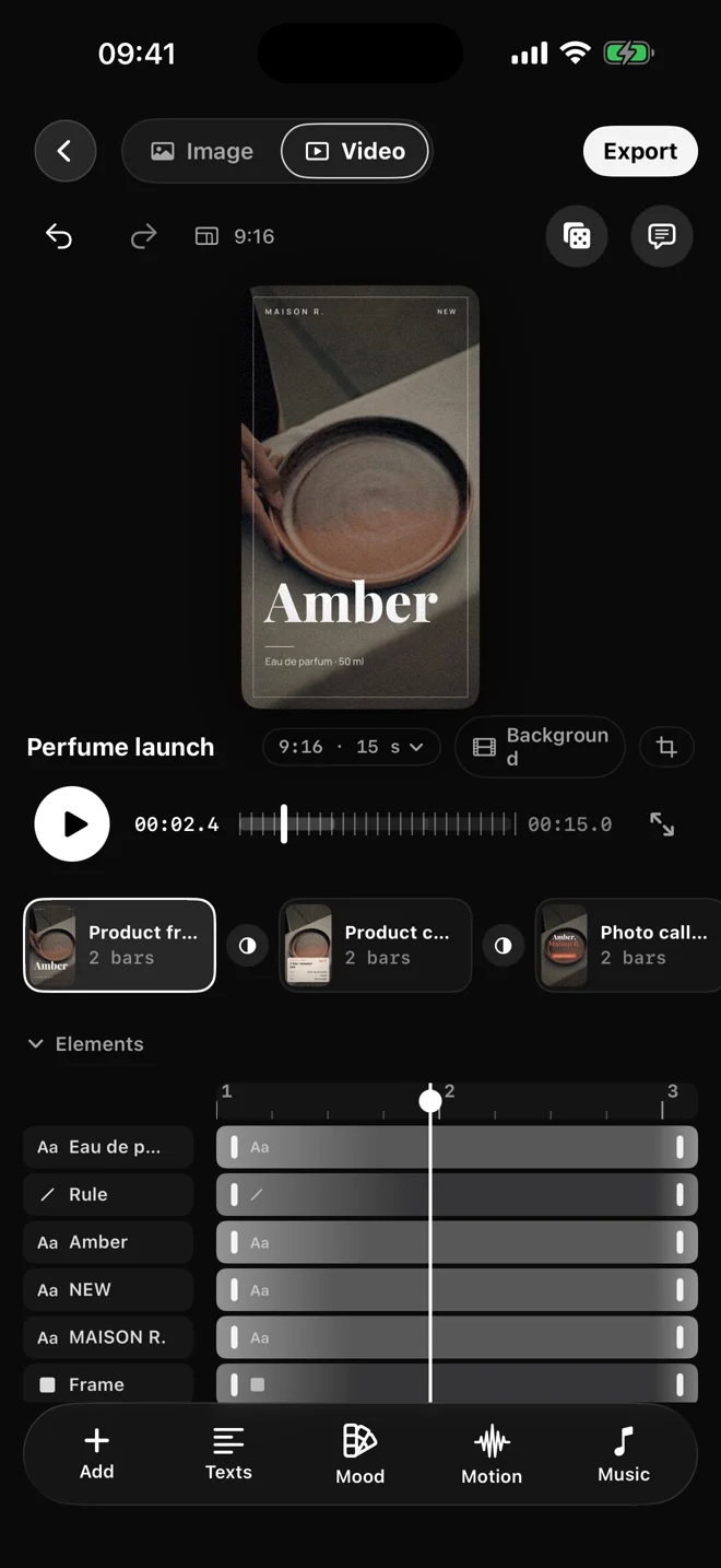 The current Motionless editor on iPhone: preview, scenes, elements and timeline