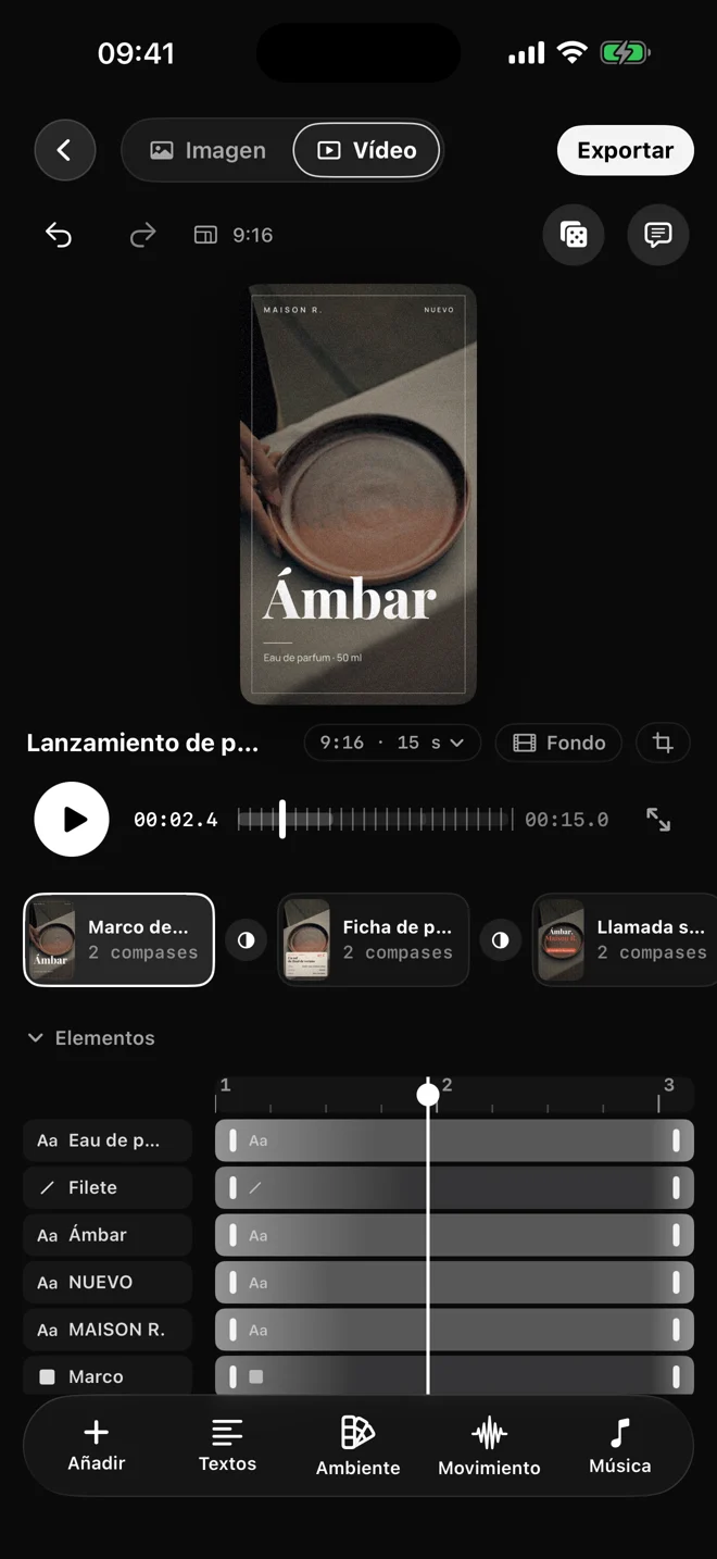 El editor actual de Motionless en iPhone: vista previa, escenas, elementos y línea de tiempo