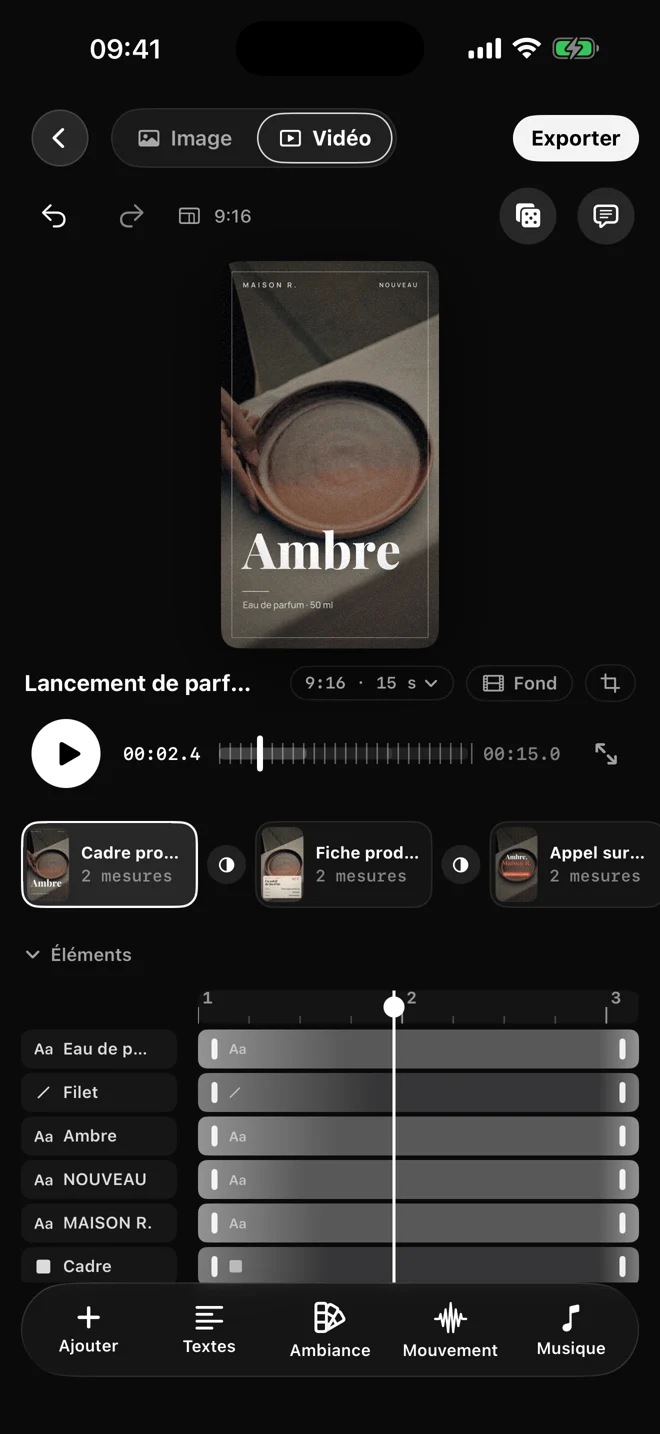 L’éditeur actuel de Motionless sur iPhone : aperçu, scènes, éléments et timeline