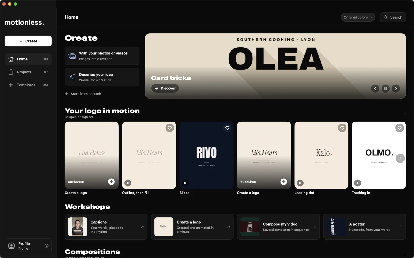 The new Motionless home screen on Mac: sidebar, workshops and collections