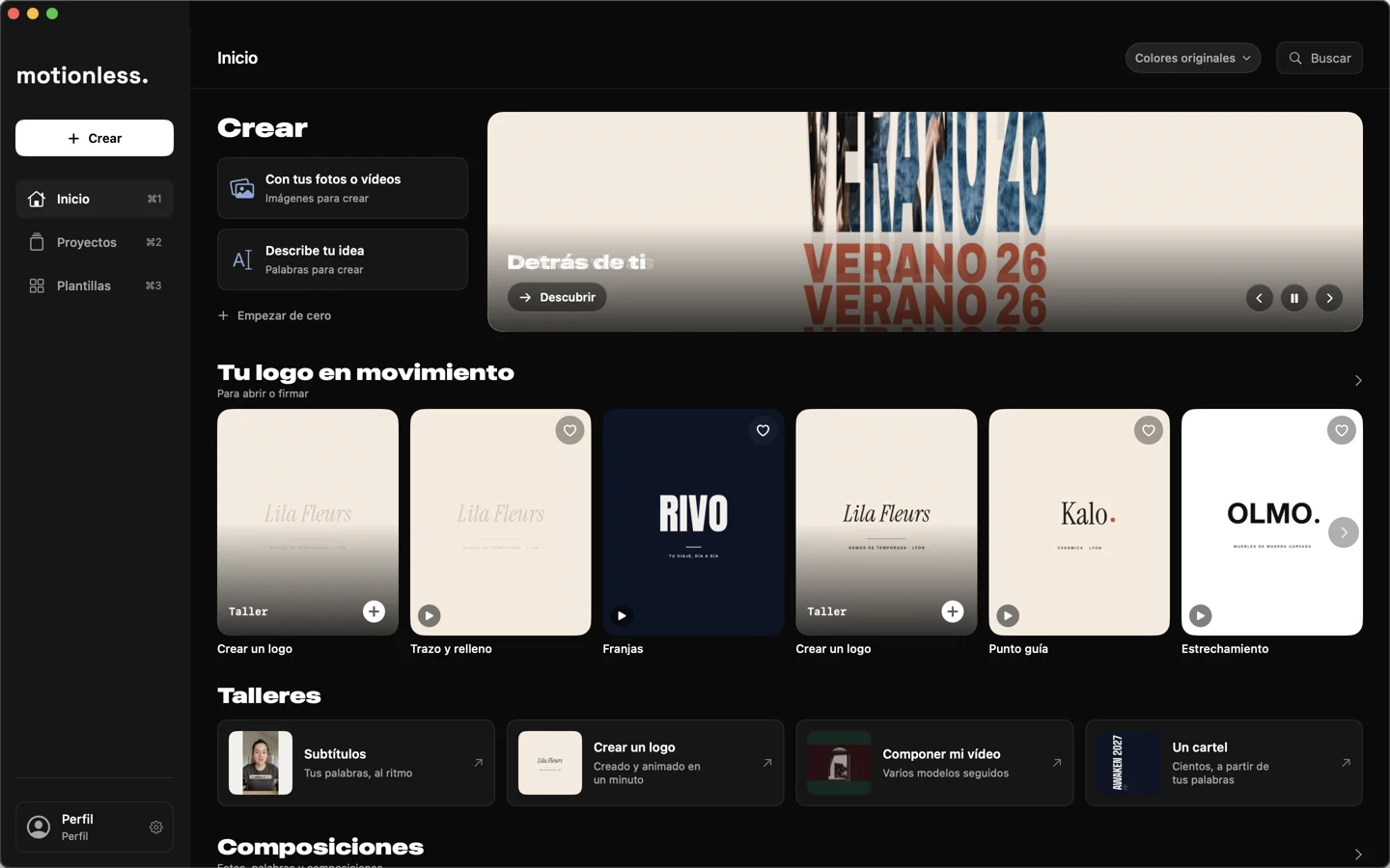 La nueva pantalla de inicio de Motionless en Mac: barra lateral, talleres y colecciones