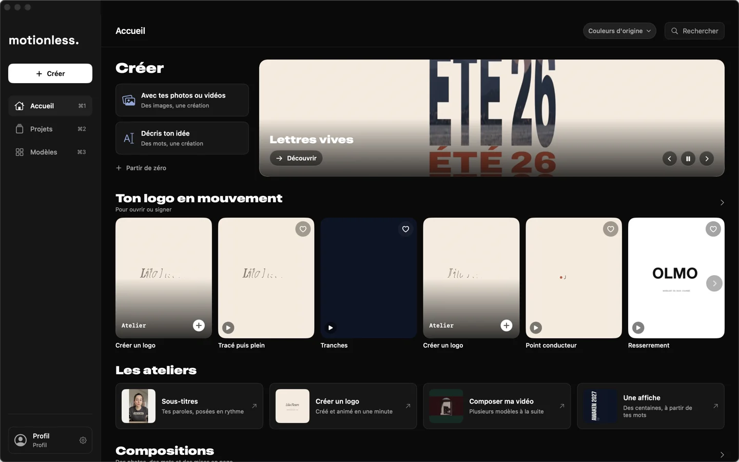 Le nouvel accueil de Motionless sur Mac : navigation latérale, ateliers et collections