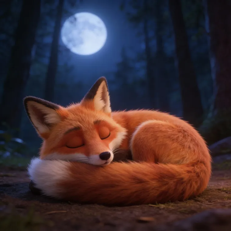 Le renard dort enroulé sous la lune