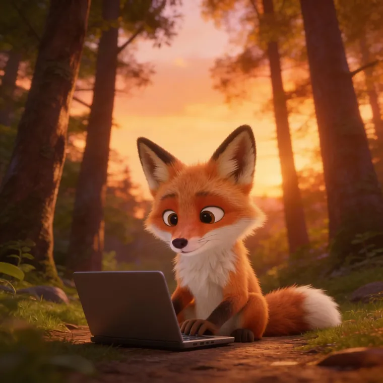 Le renard travaille devant un ordinateur