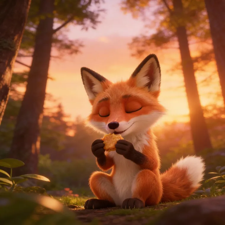 Le renard grignote un biscuit les yeux fermés